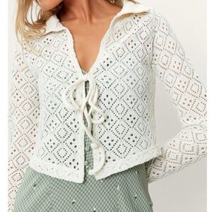 ⭐️ Seam Detail Tie Front Crochet Cardigan Cropped Trendy Beach Vaca Sweater Top